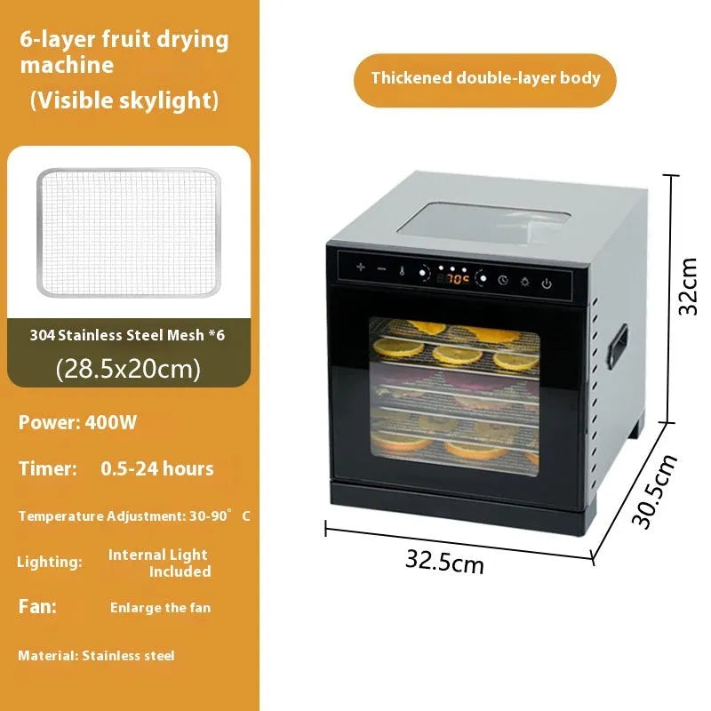 Stainless steel food dehydrator with clear skylight lid and multiple mesh drying trays
