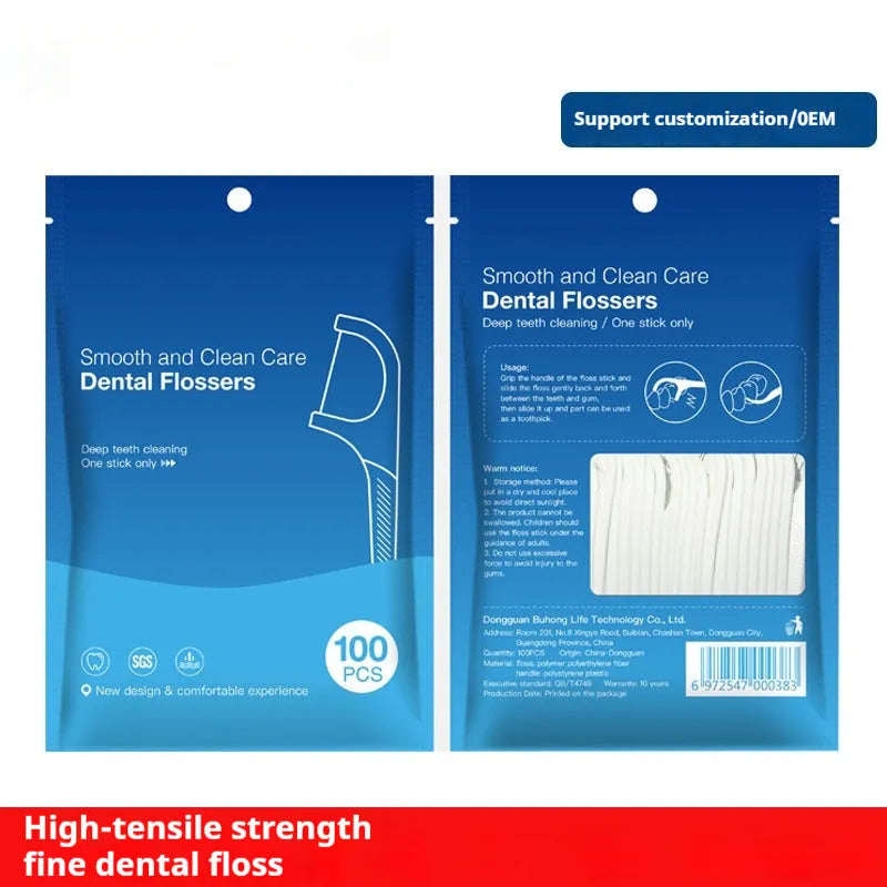 Disposable plastic dental floss bags with independent packaging, showing 100 pack offer and 180 x 238 mm size.