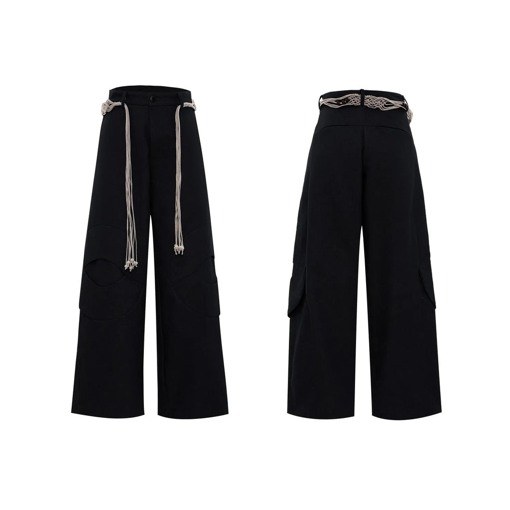 Men's dark blue loose straight-leg trousers with heavy 3D stitching and zipper decorations.