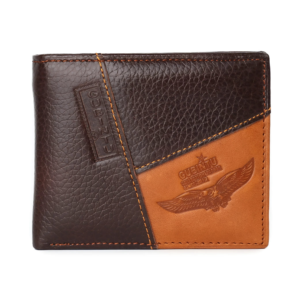 Men's brown tri-fold leather wallet open, showing card slots, zippered coin pocket, and saddle stitching detail.