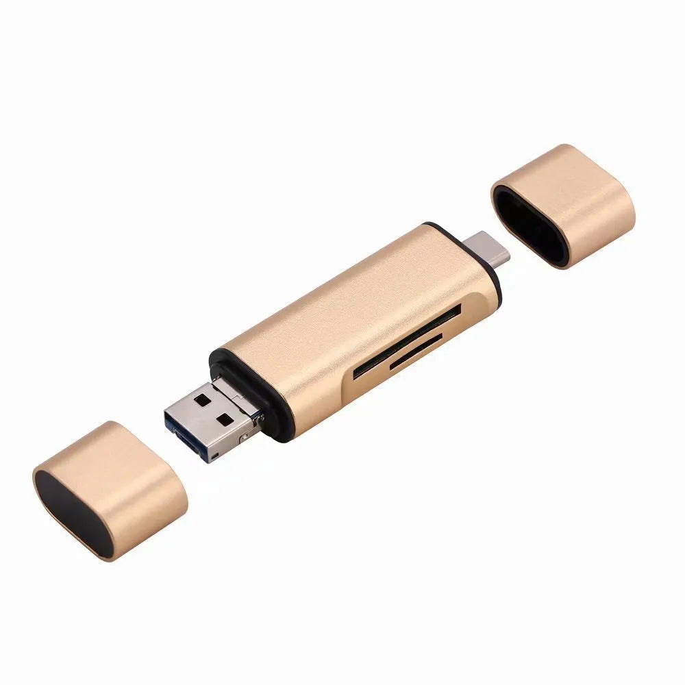 USB MICRO TYPE-C card reader for TF and SD memory cards in golden and silvery aluminium alloy