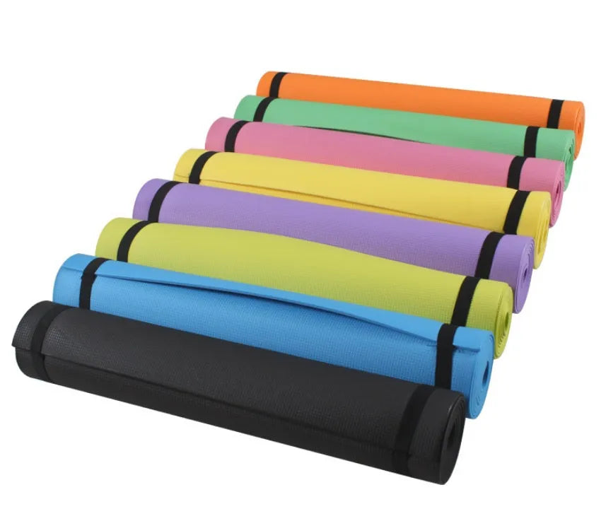 EVA fitness yoga mat in blue, showing non-slip texture and 4mm thickness.