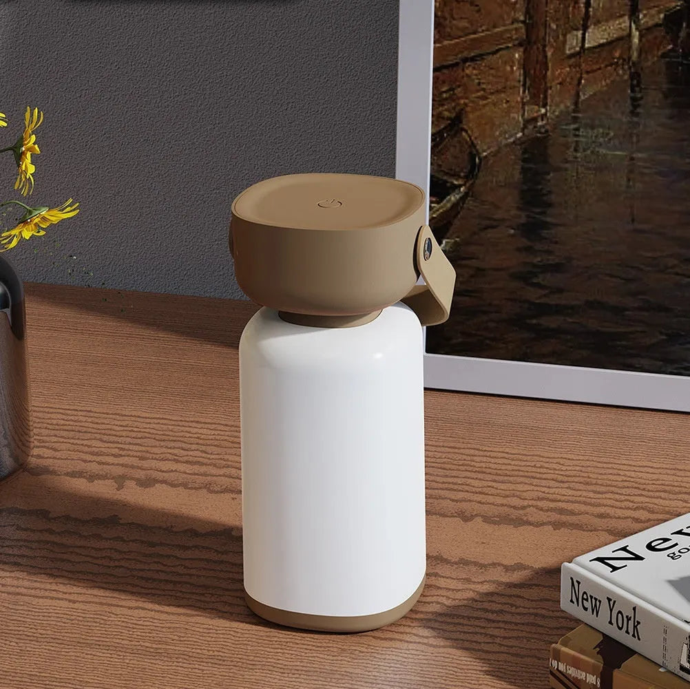 Portable LED camping lantern with USB charging, waterproof design, available in blue or brown, compact modern style.
