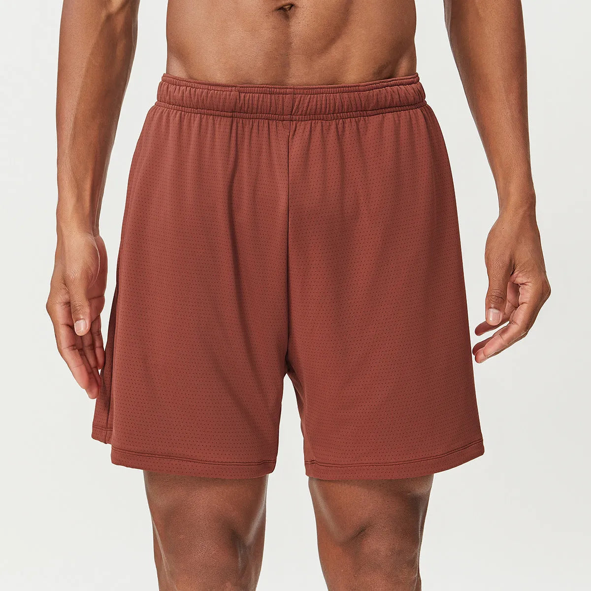 Men's double-layer quick-drying running shorts in a sky green colour, laid flat.