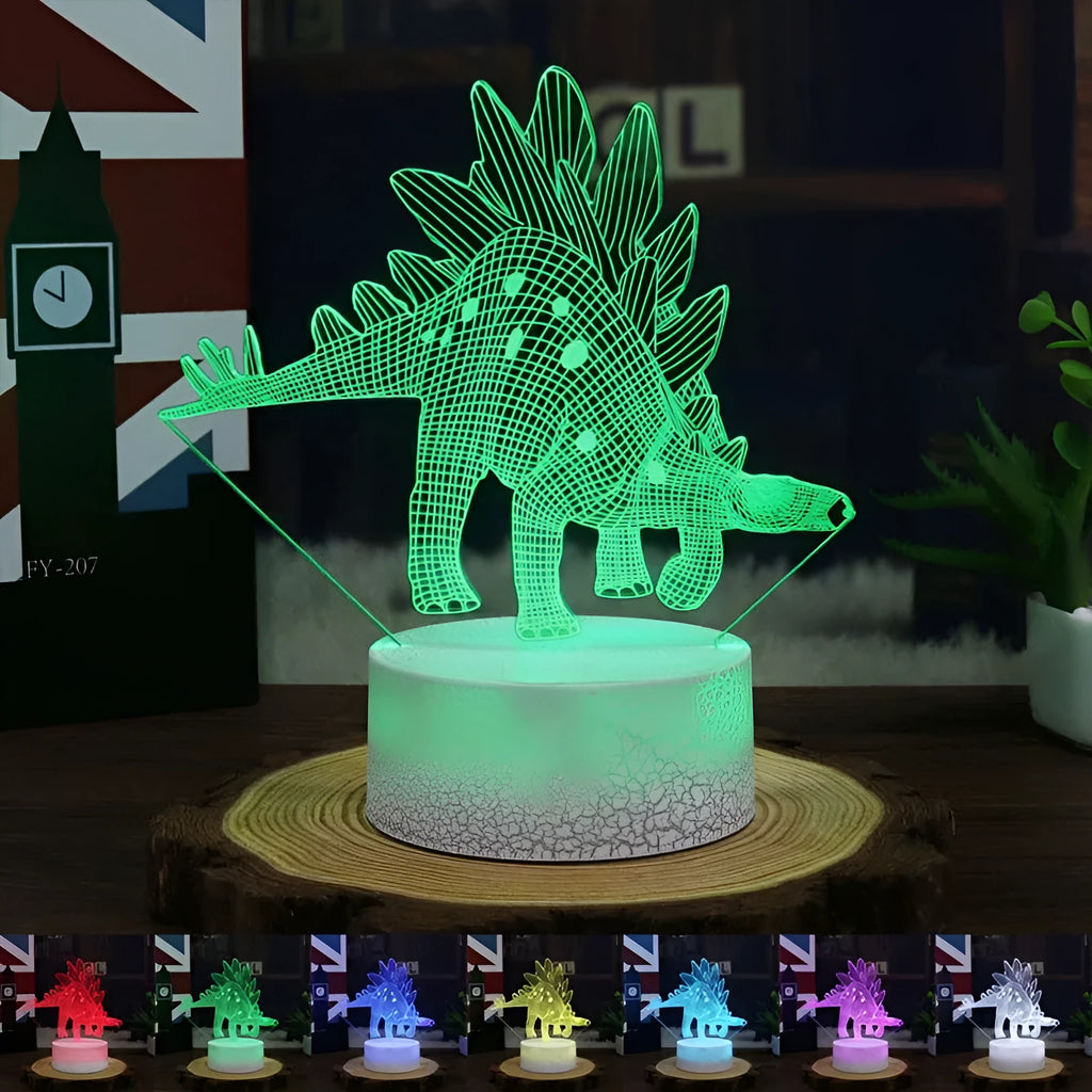 Colourful dinosaur 3D night light with remote control on a table