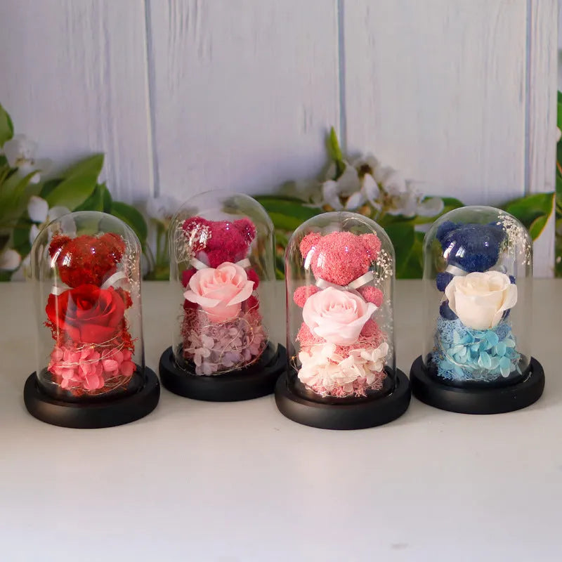 Preserved rose teddy bear ornament in glass dome with LED light, 11.5cm diameter and 16.8cm height
