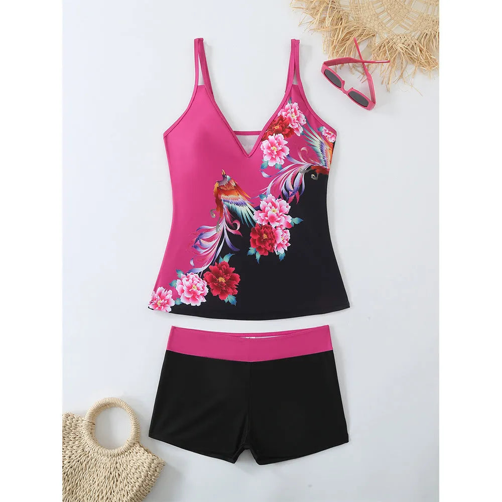 Women's plus size printed swimsuit in black or rose red with briefs style.