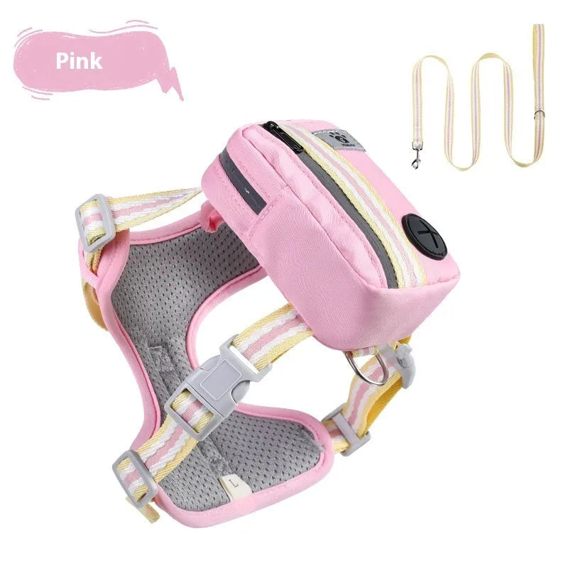 Explosion-proof anti-strangulation pet chest harness and rope in green, blue, pink, or yellow.