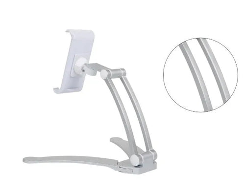 Silver aluminium alloy desktop tablet stand with adjustable clips and 360-degree rotation on a white mount.