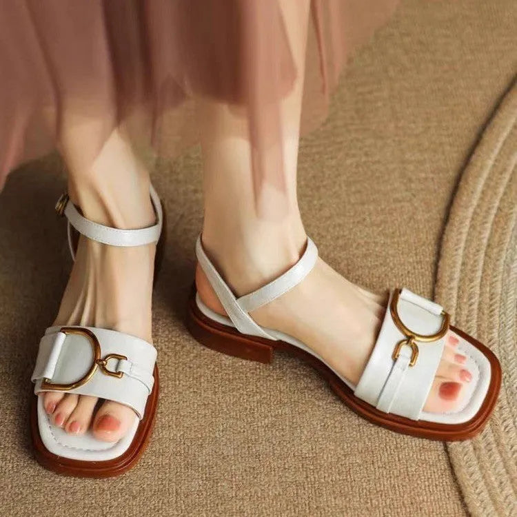 Women's casual sandals with thick rubber soles and button fastening in black, beige, or brown