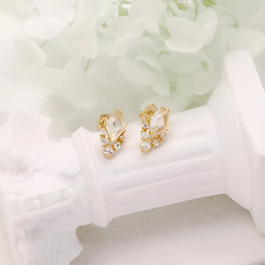 Geometric 925 silver earrings with sweet white crystal studs and electroplated finish