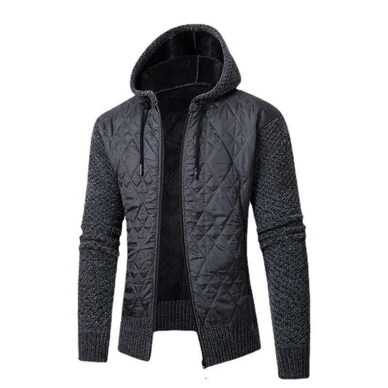 Men's grey hooded cardigan sweater coat made of wool and corduroy with a cinched waist.