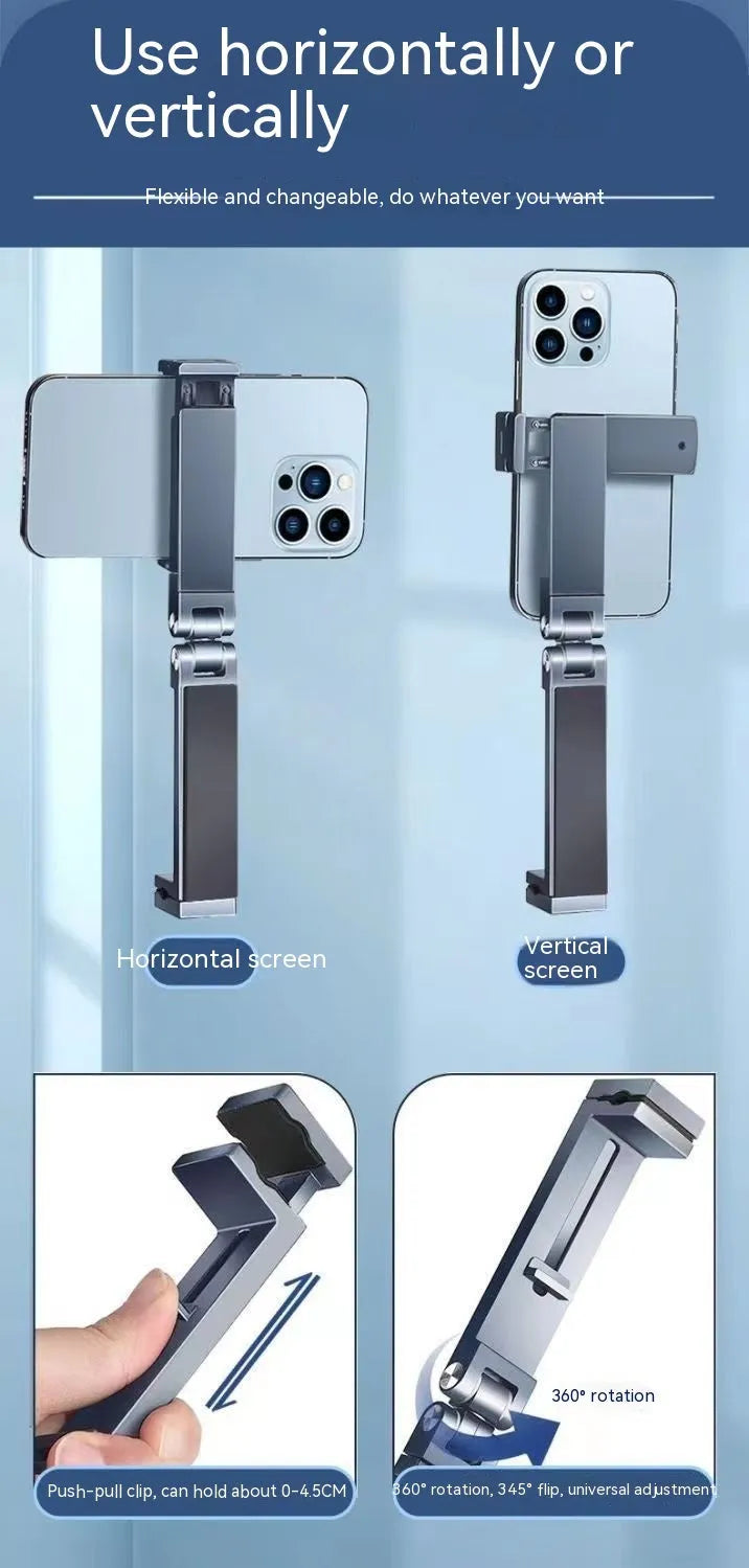 Silver aluminium alloy portable foldable clip lazy phone holder on a desk