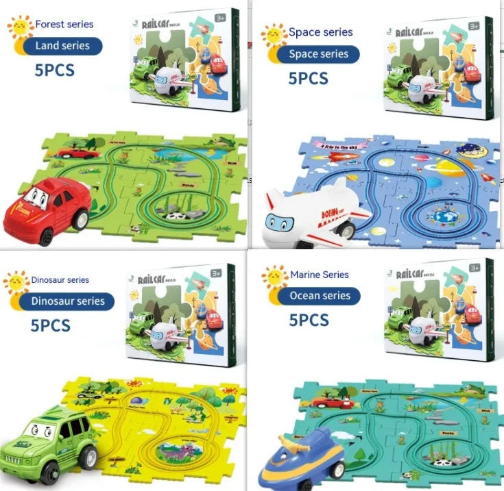 Children puzzle electric railroad speeder with DIY assembly track and automatic car, dinosaur theme