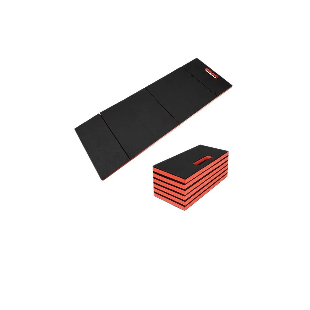 Black EVA foam folding kneeling mat for car repair showing folded and open positions