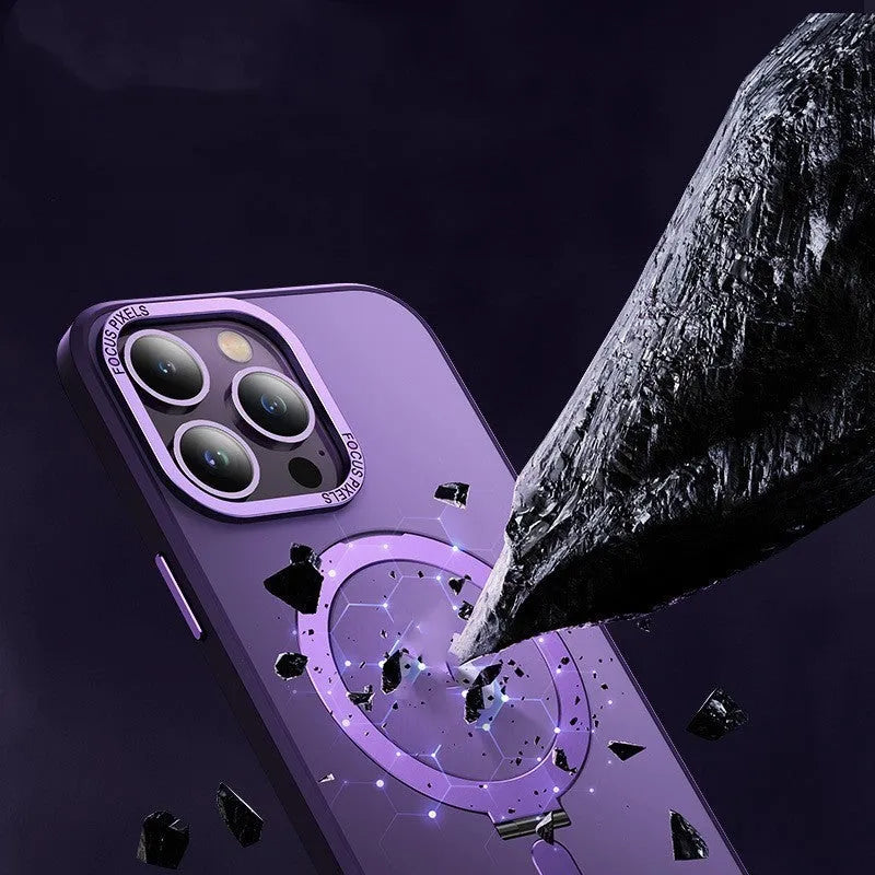 Magnetic phone case with invisible stand for iPhone 15 Pro Max in silver, showing bracket deployed