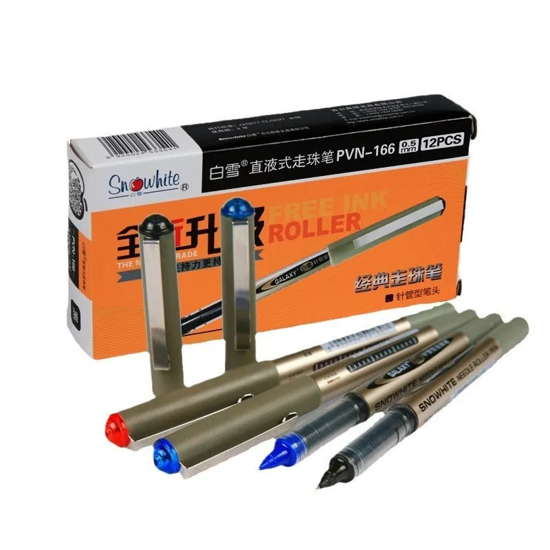 Plastic water-based quick-drying signature pen with 0.5mm fine tip, shown in a pack of 12.