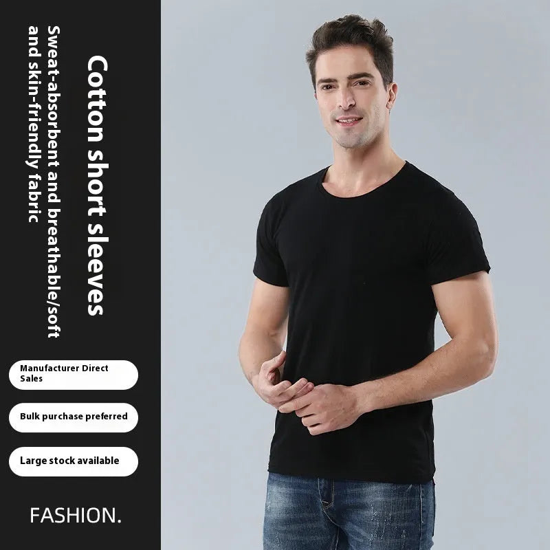 Men's round neck cotton t-shirt in black loose fit with Asian sizing