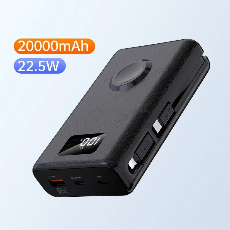 Black and white 20000mAh wireless power bank showing digital display screen and USB ports