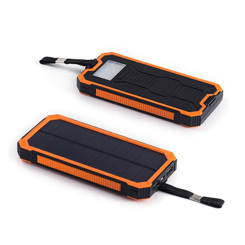 Solar power bank in orange, green, black or yellow with universal charging cable, showing solar panel.