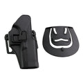 Black plastic tactical holster for right-hand belt carry with secure attachment