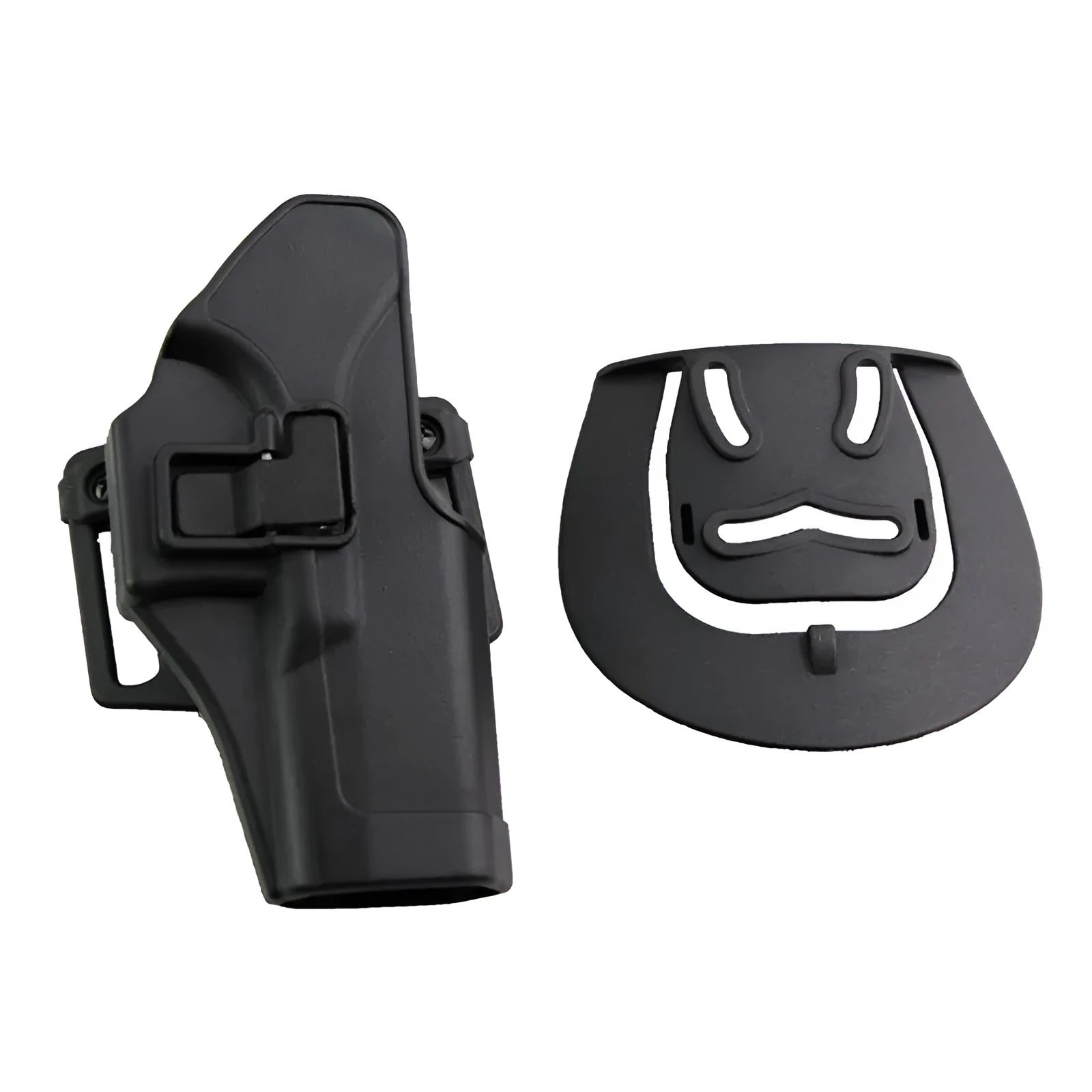 Black plastic tactical holster for right-hand belt carry with secure attachment