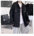 Loose-fitting denim jacket in dark blue, light blue, or black with long sleeves and straight hem, sizes M-3XL