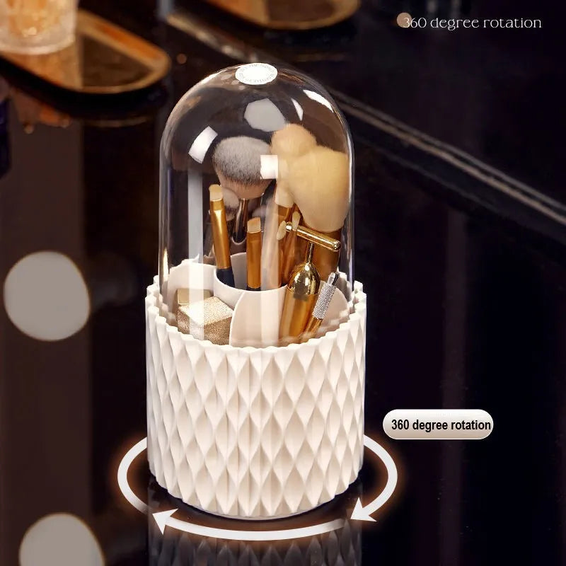 White transparent rotating makeup brush storage box with lid and split compartments