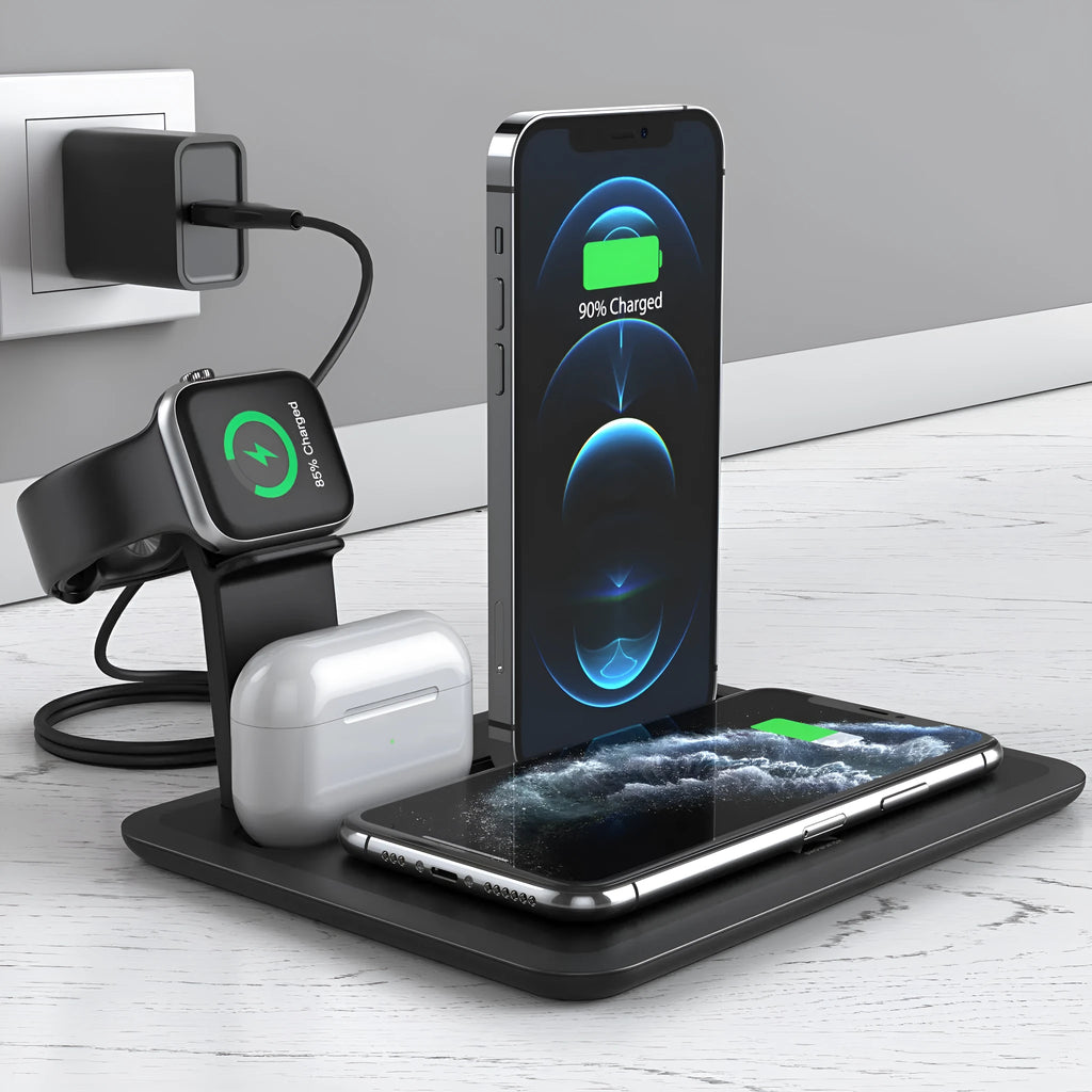 Black desktop wireless charging station with phone on pad and ports for watch and headphones.