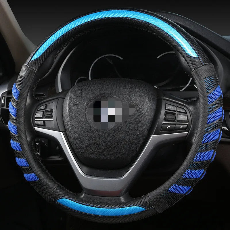 D-type steering wheel cover with 3D honeycomb pattern in carbon fiber fabric, fits 38cm wheel