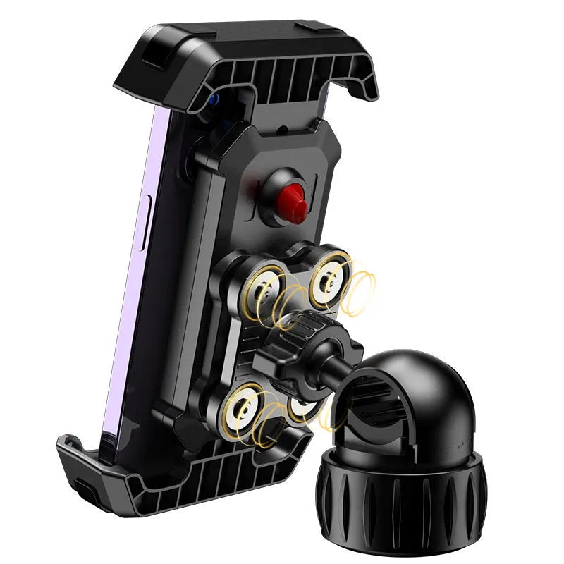 Black ABS cycling phone mount attached to a bicycle handlebar, showing adjustable clamp.