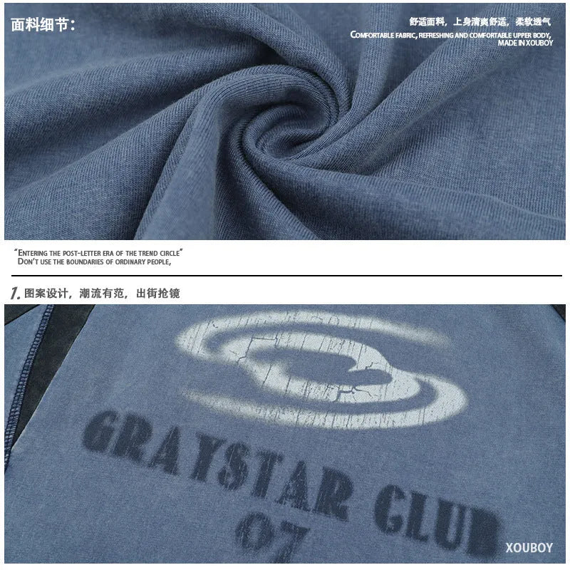 Men's blue hip hop letter print t-shirt with raglan sleeves and loose casual fit