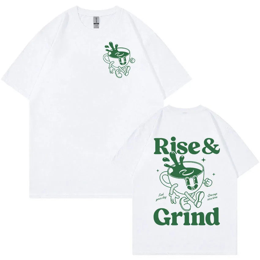 Loose fit linen t-shirt featuring a cartoon print of 'Rise And Grind' text with a green coffee expression bag.
