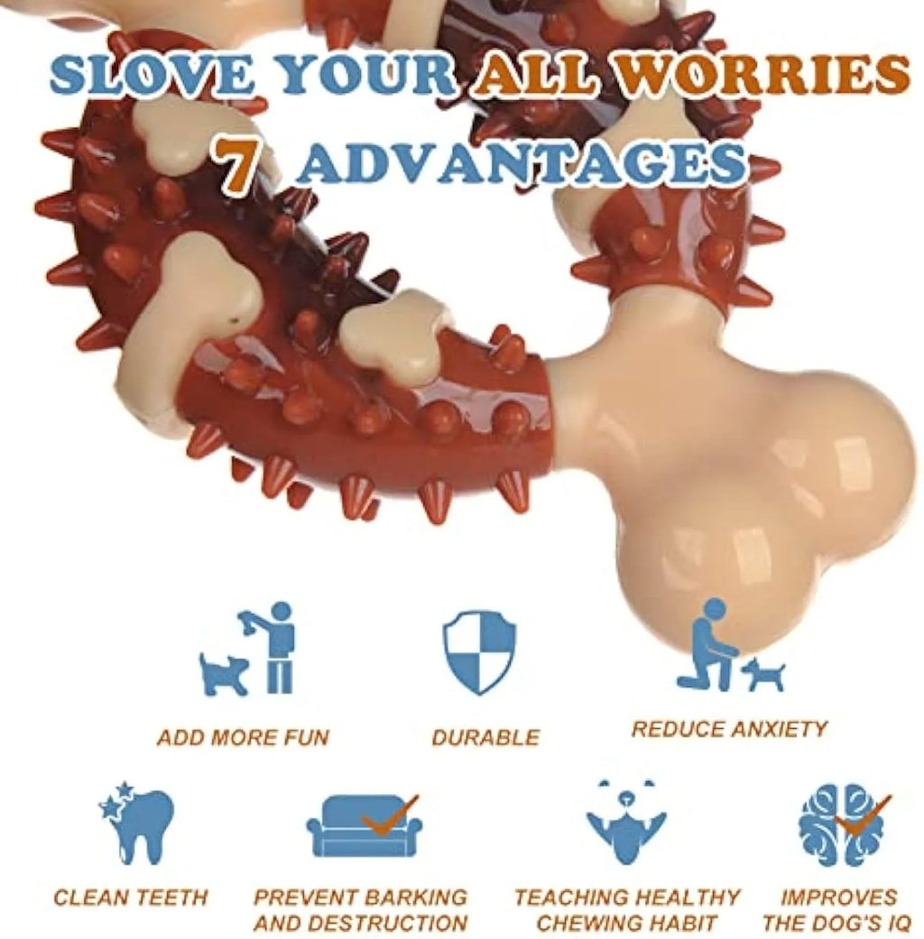 Natural rubber bone-shaped dog molar toy shown in two different sizes for teeth grinding and anxiety relief.