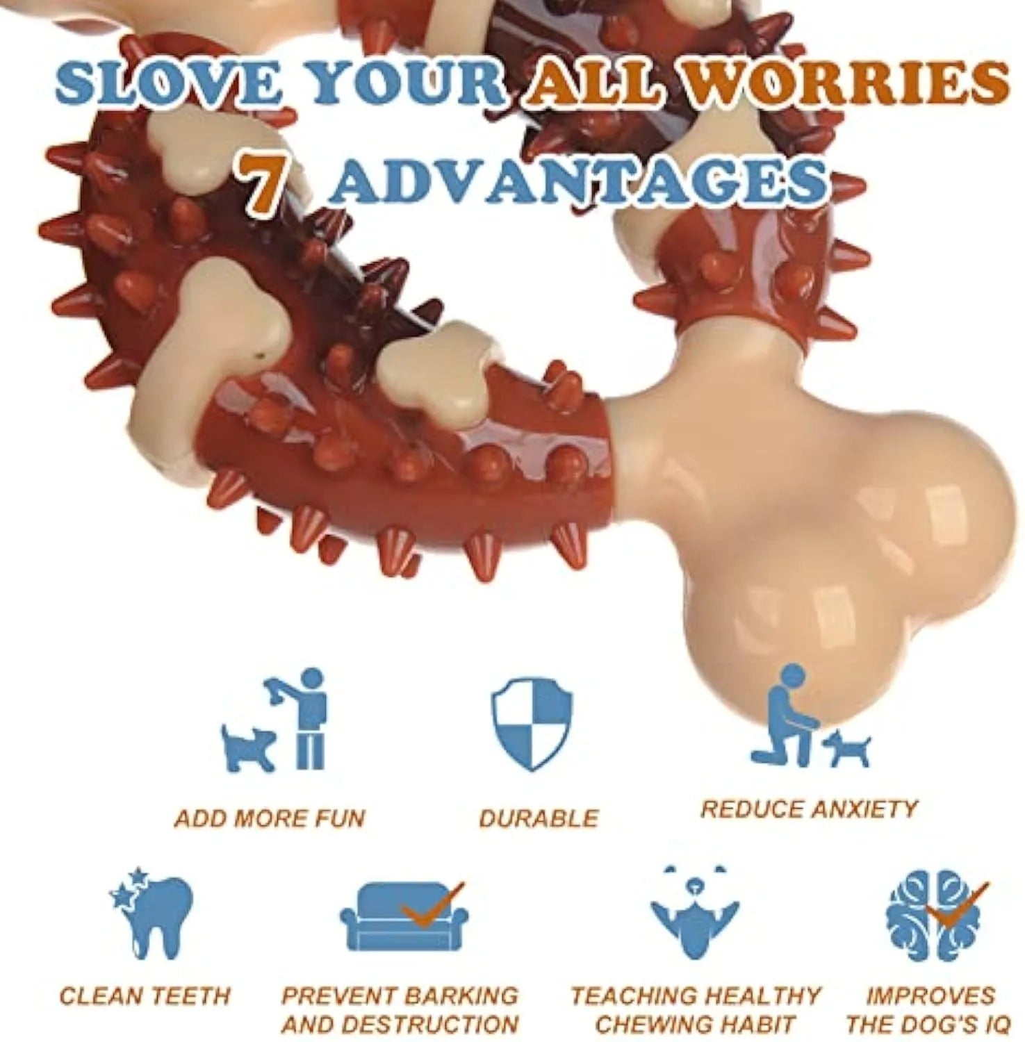 Natural rubber bone-shaped dog molar toy shown in two different sizes for teeth grinding and anxiety relief.