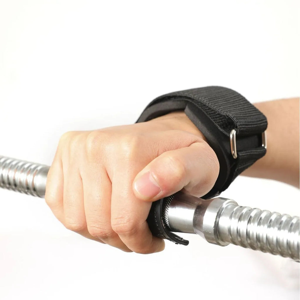 Black rubber non-slip booster hose belt for weightlifting and rock climbing grip aid.