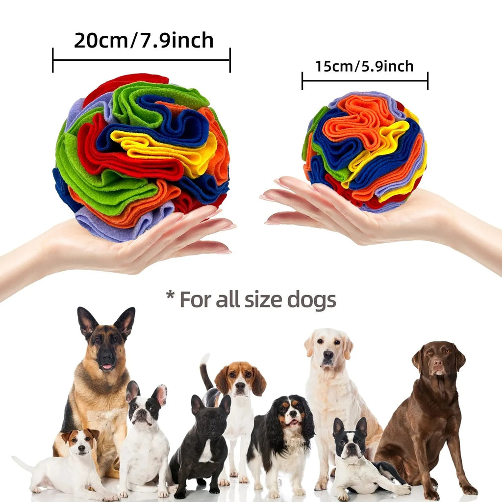 Polar fleece pet sniffing toy ball in rainbow colour for dogs, 10cm diameter, on white background