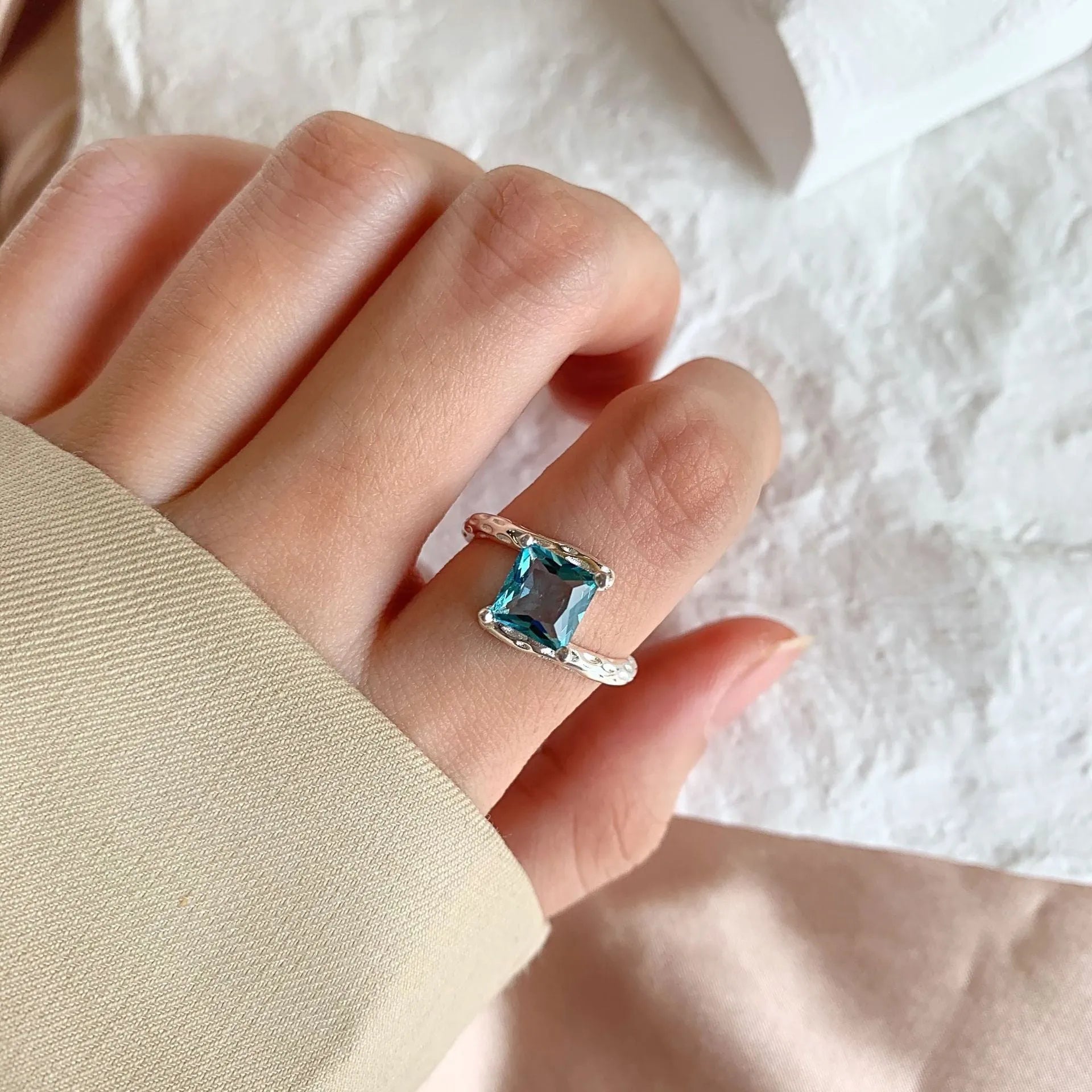 Korean style 925 sterling silver ring with geometric hexagon octagon design, adjustable opening, silver colour