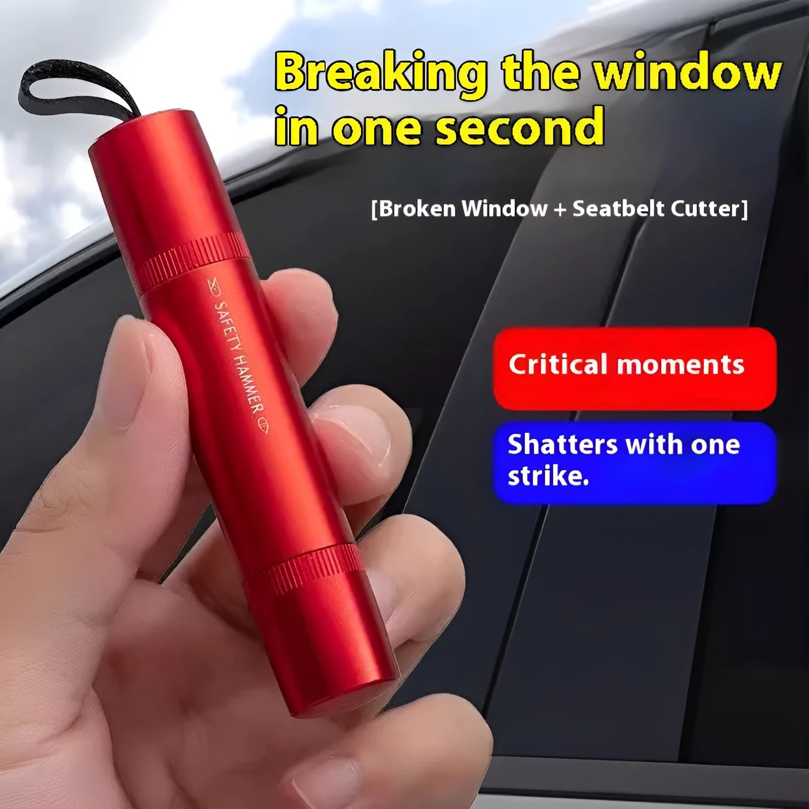 Black and red ABS plastic car emergency life hammer for breaking windows.