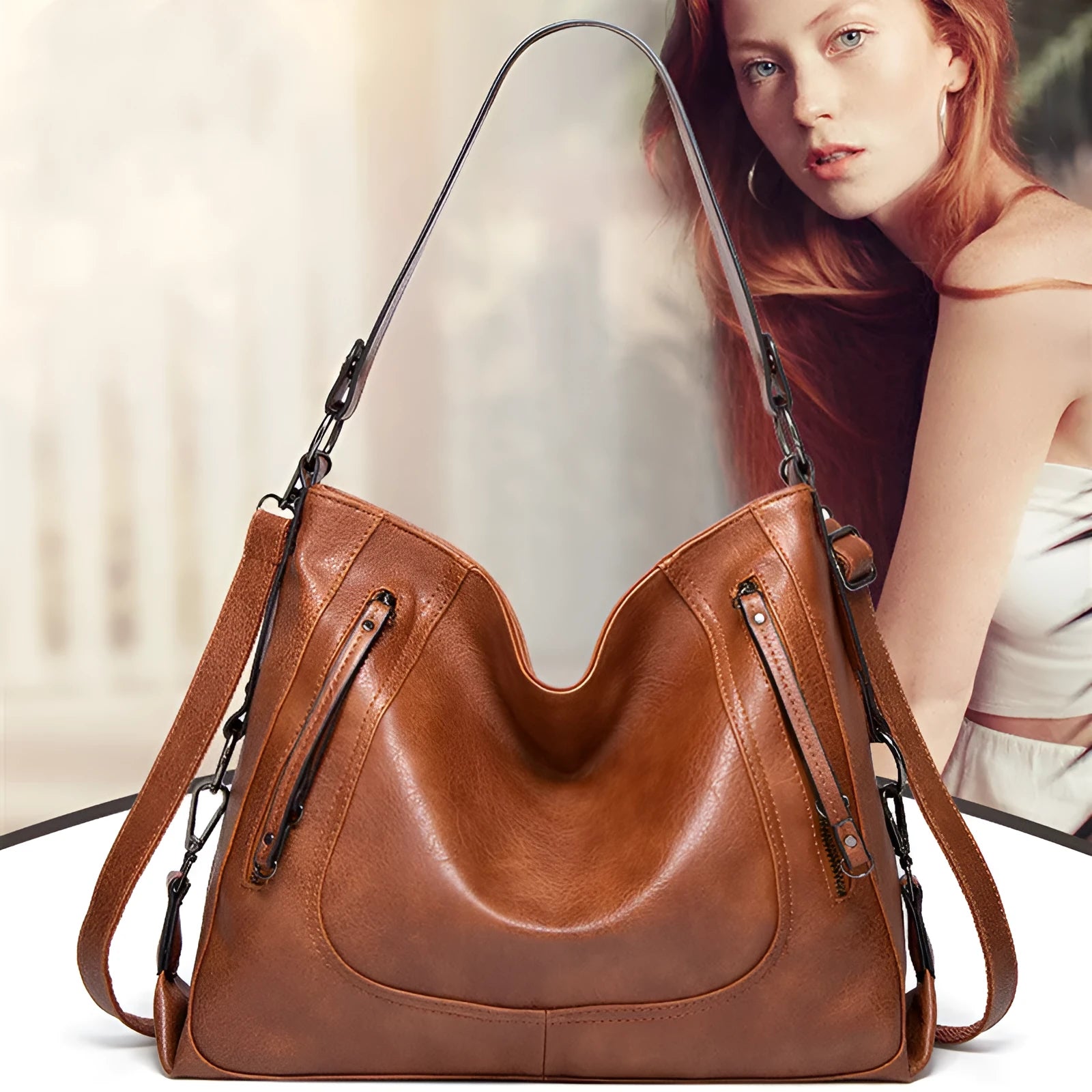 Large capacity soft PU retro tote bag with sewing line detail in bucket shape, outer sandwich pocket, shoulder strap
