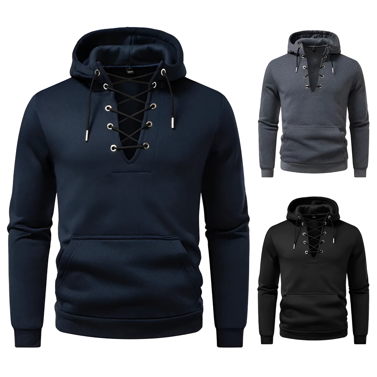Men's zipper design hooded sweatshirt, slim fit polyester pullover in dark gray, black or navy blue, sizes S-2XL