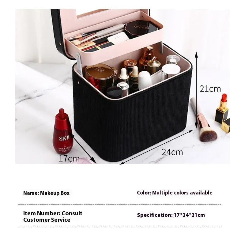 A solid colour corduroy cosmetic storage box with a large capacity for home organisation.