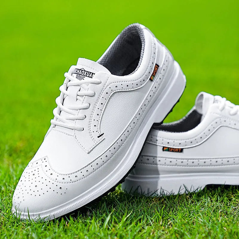 Men's lake blue and white genuine leather golf shoe with non-slip rubber outsole