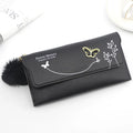 Ladies long PU leather wallet with butterfly flowers, 19cm length, available in 7 colours, showing cover-style opening and multiple card slots