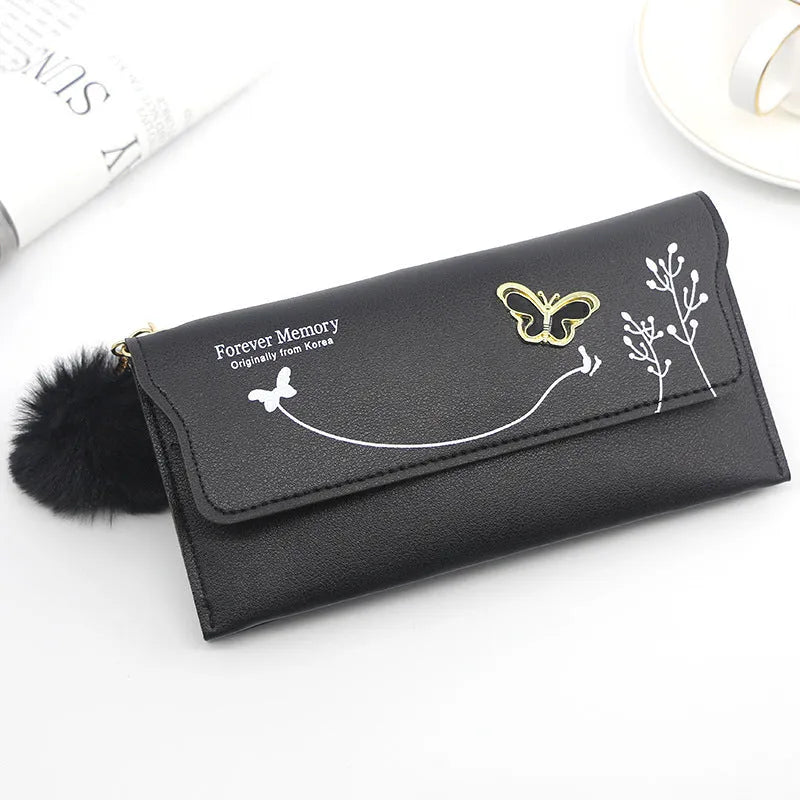 Ladies long PU leather wallet with butterfly flowers, 19cm length, available in 7 colours, showing cover-style opening and multiple card slots