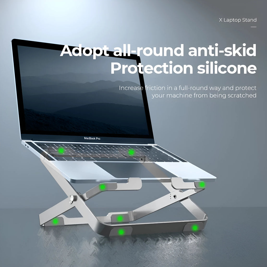 Silver grey folding aluminium alloy laptop stand with silicone pad, adjustable lifting and heat dissipation, for 11-18 inch devices