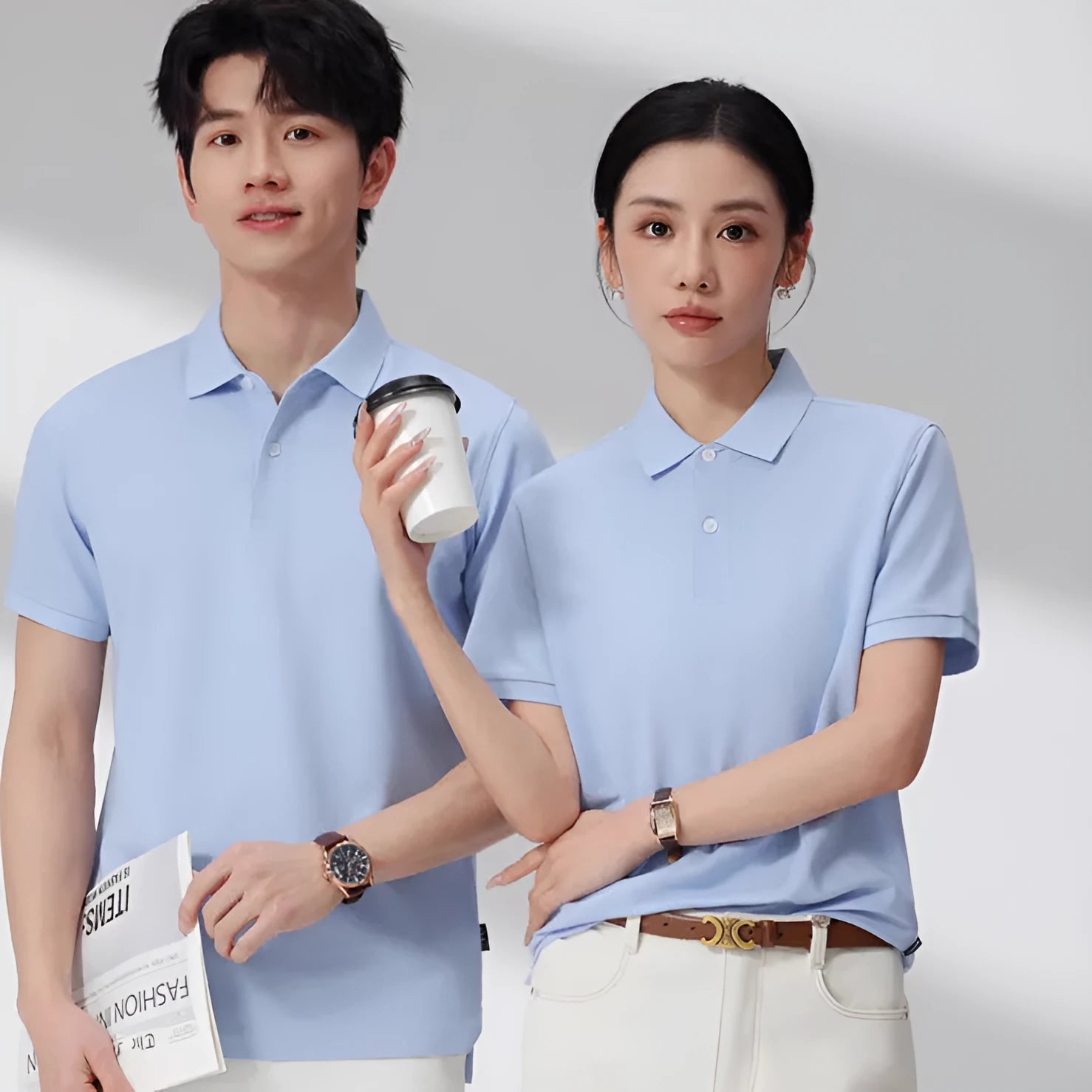 Men's light business polo shirt with a lapel collar in matcha green, showing asymmetric detail.