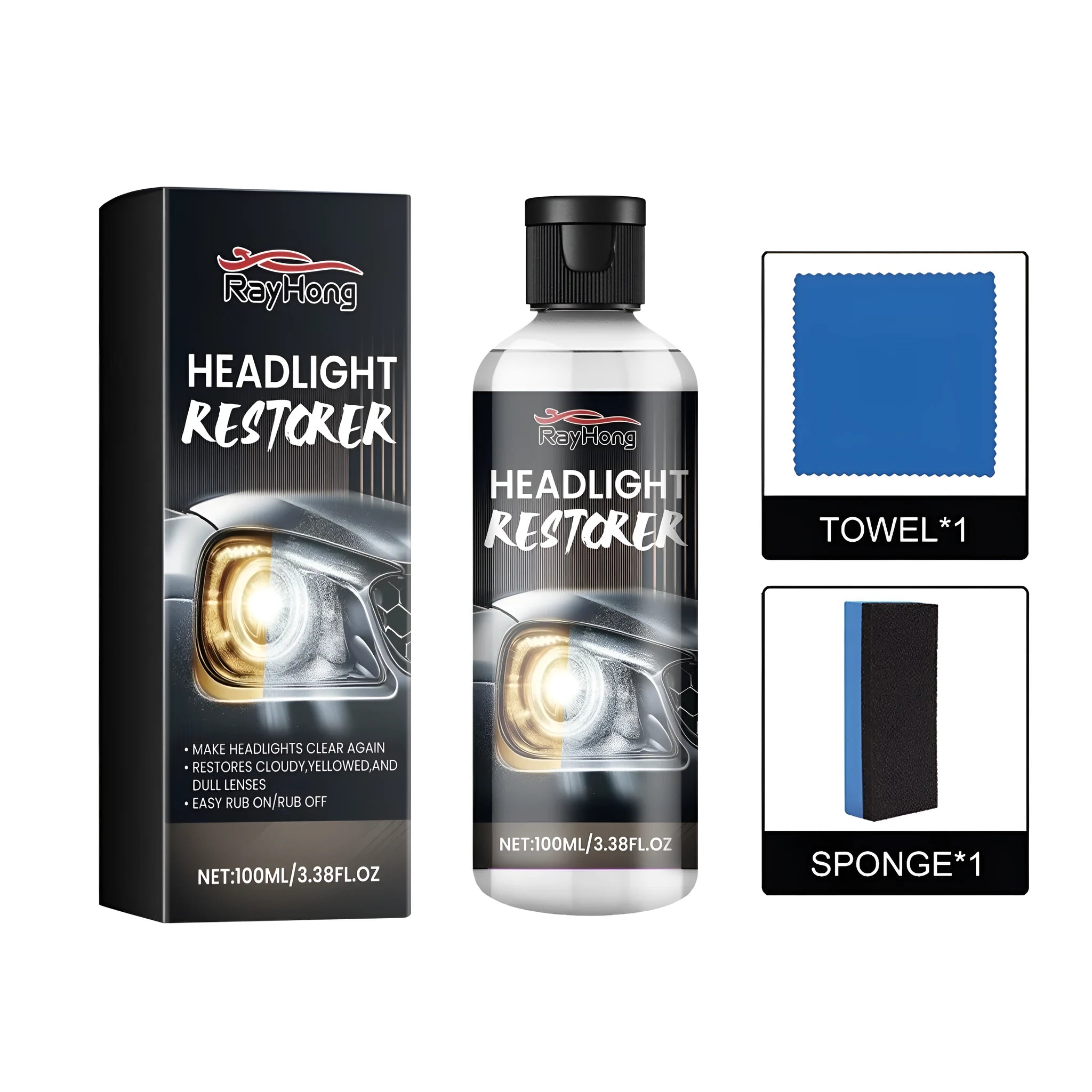 Headlight restorer kit with bottle, microfibre cloth, and sponge for car headlight polishing