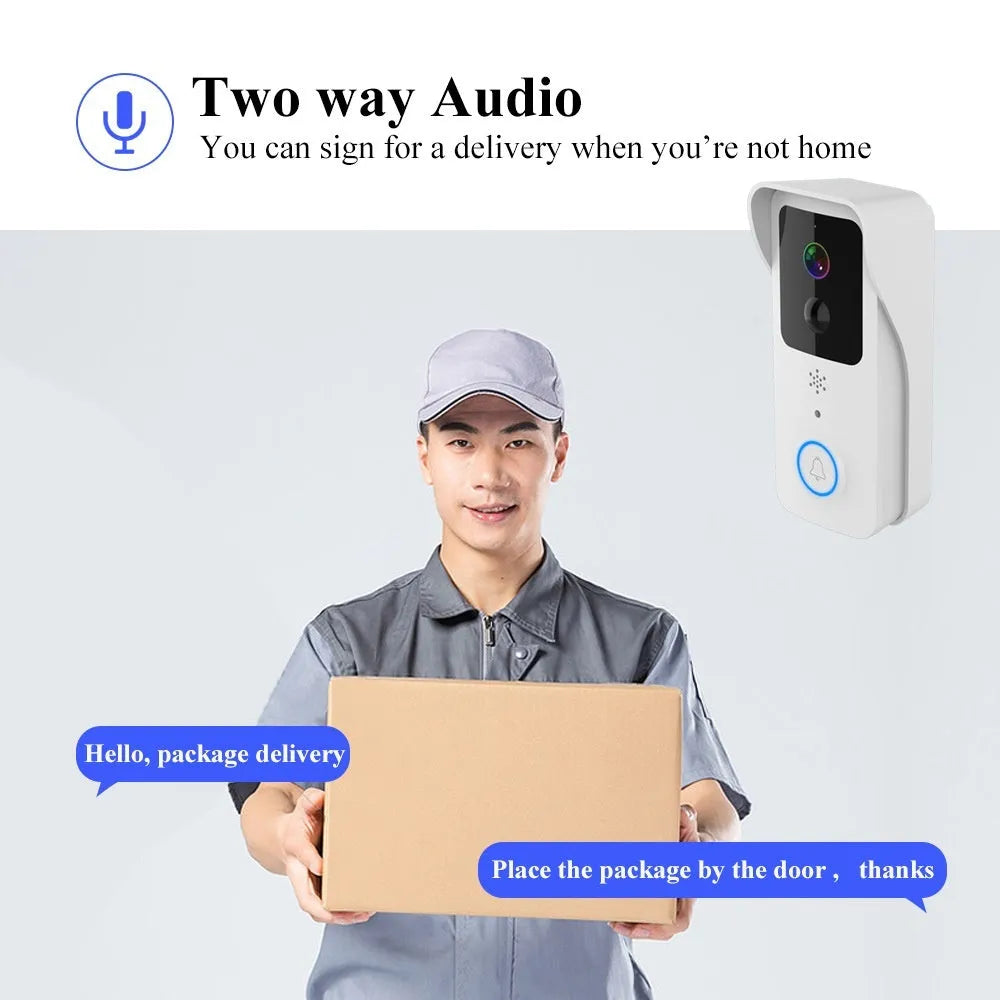 Smart waterproof HD visual doorbell intercom for front door security with rechargeable battery.