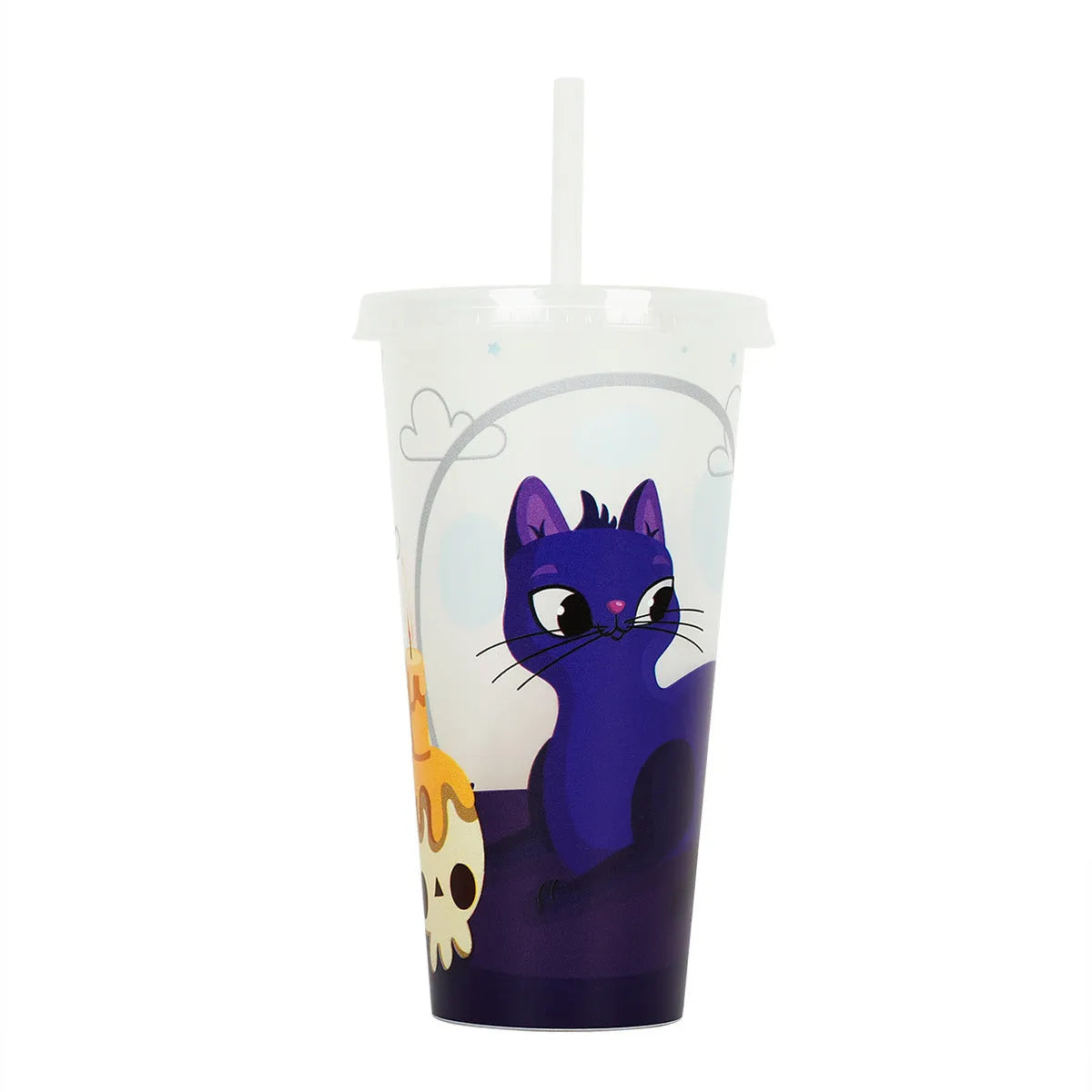 A tall, cylindrical 720ml Halloween-themed luminous plastic straw cup with a black straw, shown in one of six colour options.